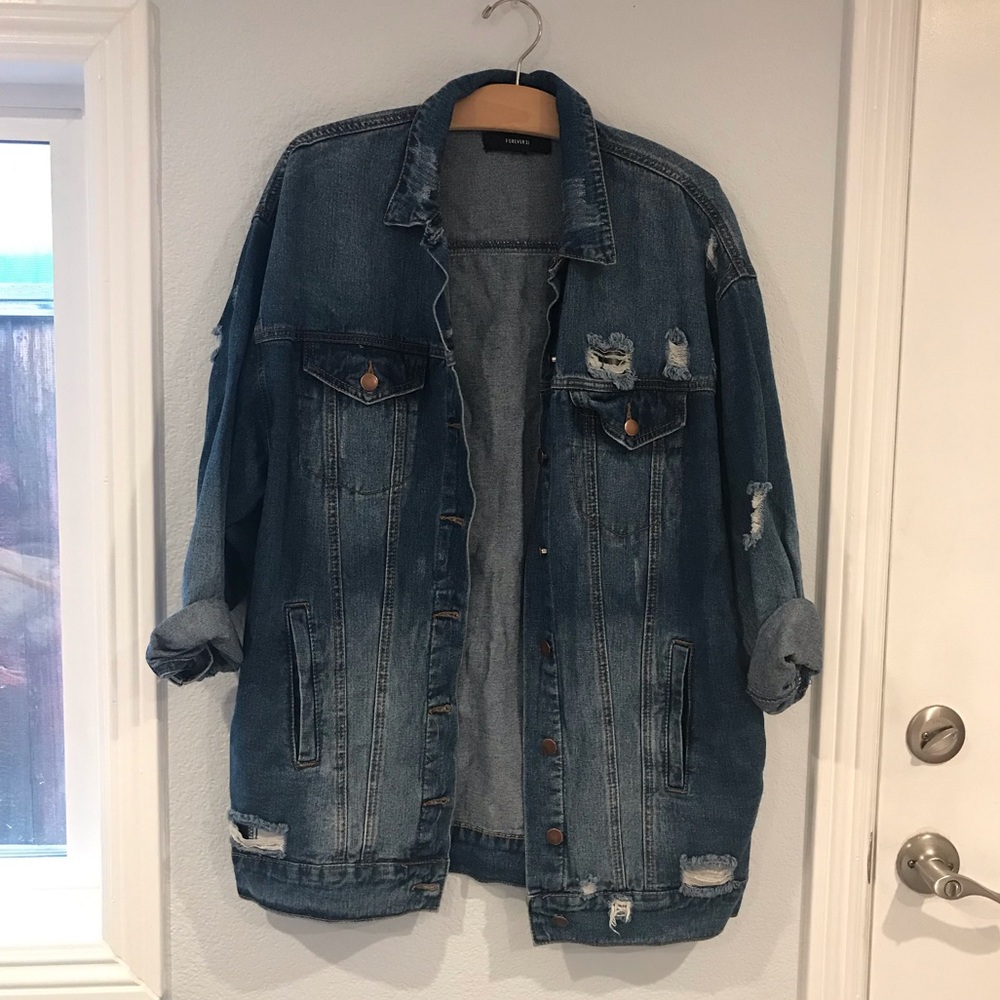 F21 Oversized Denim Jacket Distressed